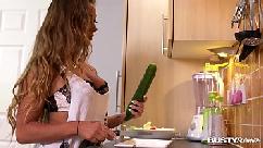 Busty seduction in kitchen makes amanda rendall fill her pink with veggies