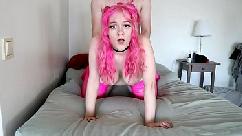 Cute babe with pink hair loves big cock