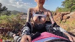 Blonde blowjob dick and cum in mouth in the mountains