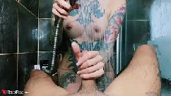 Tattoed babe blowjob big dick and facial in the shower