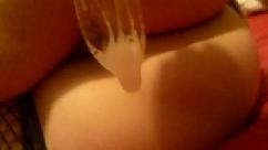 Used condom emptied into her wasted pussy